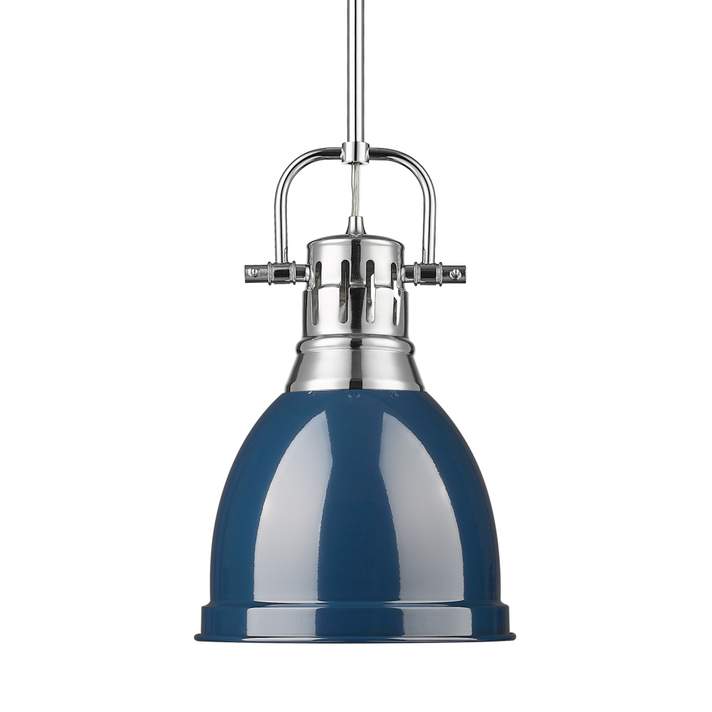 Yep by Golden Lighting Duncan 1-light 9in Rod Hung Pendant in Chrome and Navy Blue shade